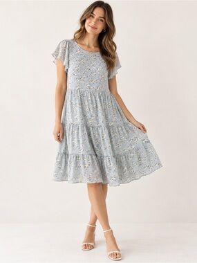 Doe & Rae Pale Blue Floral Tiered Dress